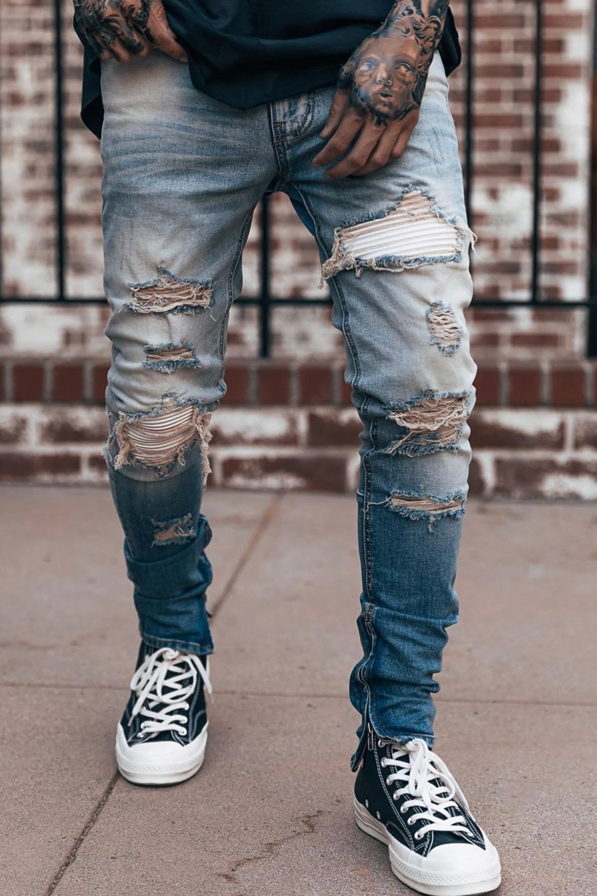 Blue ankle zip denim jean with white biker underpatch