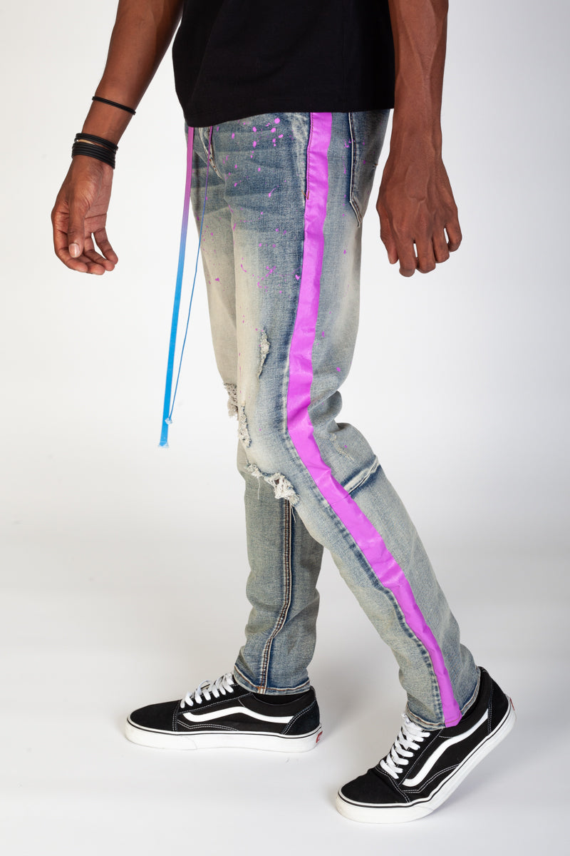 Paint Striped Jeans With Tie Dye Matching Drawstring (Vintage Medium Blue) (4471249862758)