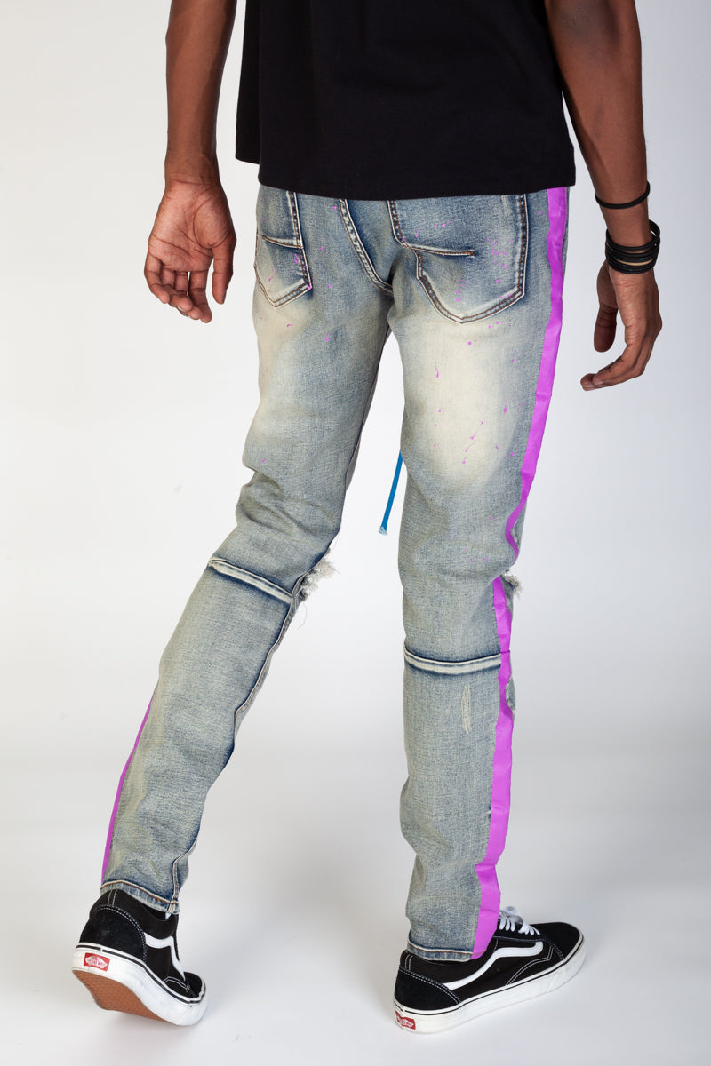 Paint Striped Jeans With Tie Dye Matching Drawstring (Vintage Medium Blue) (4471249862758)
