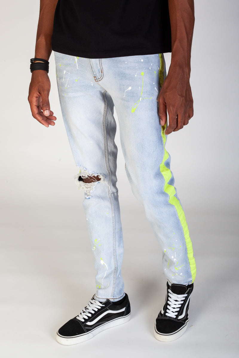 Print Stripe Jeans w/ Paint Splatter (Light Blue) (3929937281126)
