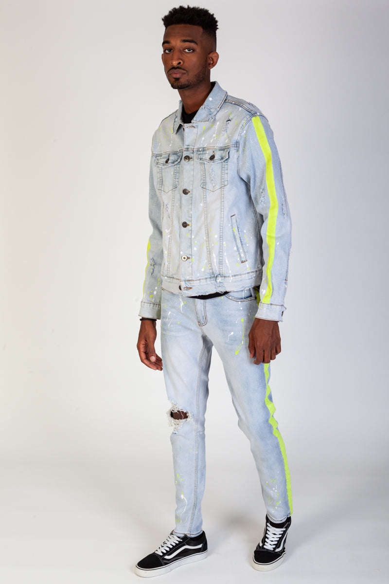 Paint Striped Denim Jacket w/ Neon Paints Splatter (Light Blue) (4417744765030)
