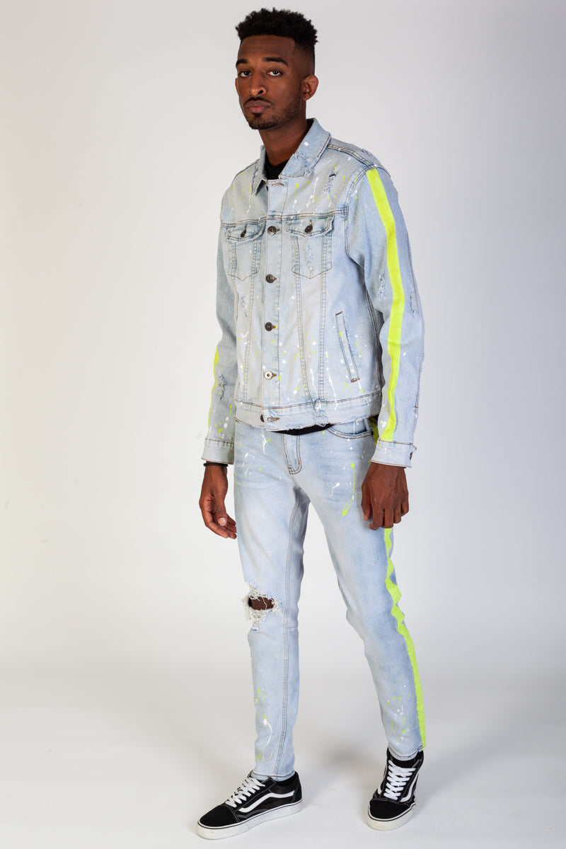 PAINT STRIPED DENIM JACKET W/ NEON PAINTS SPLATTER