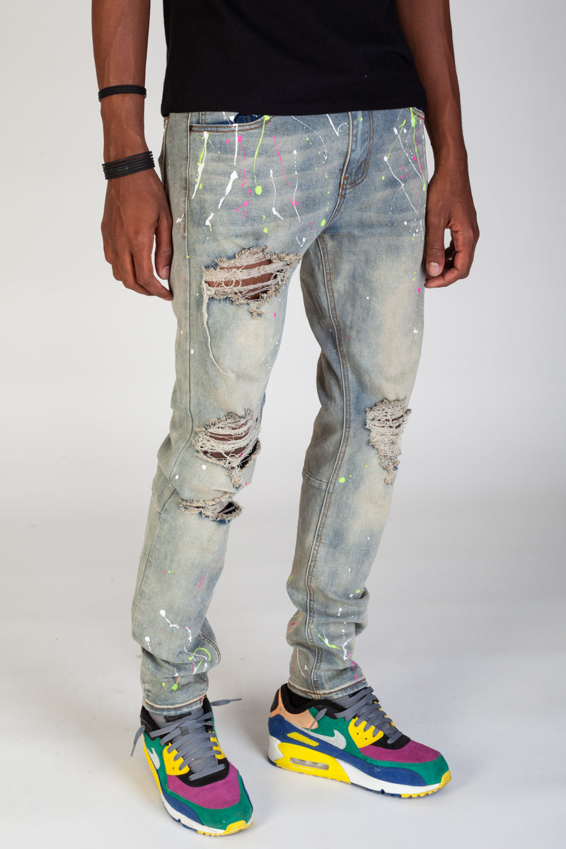 Neon Paint Splatter Jeans (Tinted Light Blue) (3880022704230)