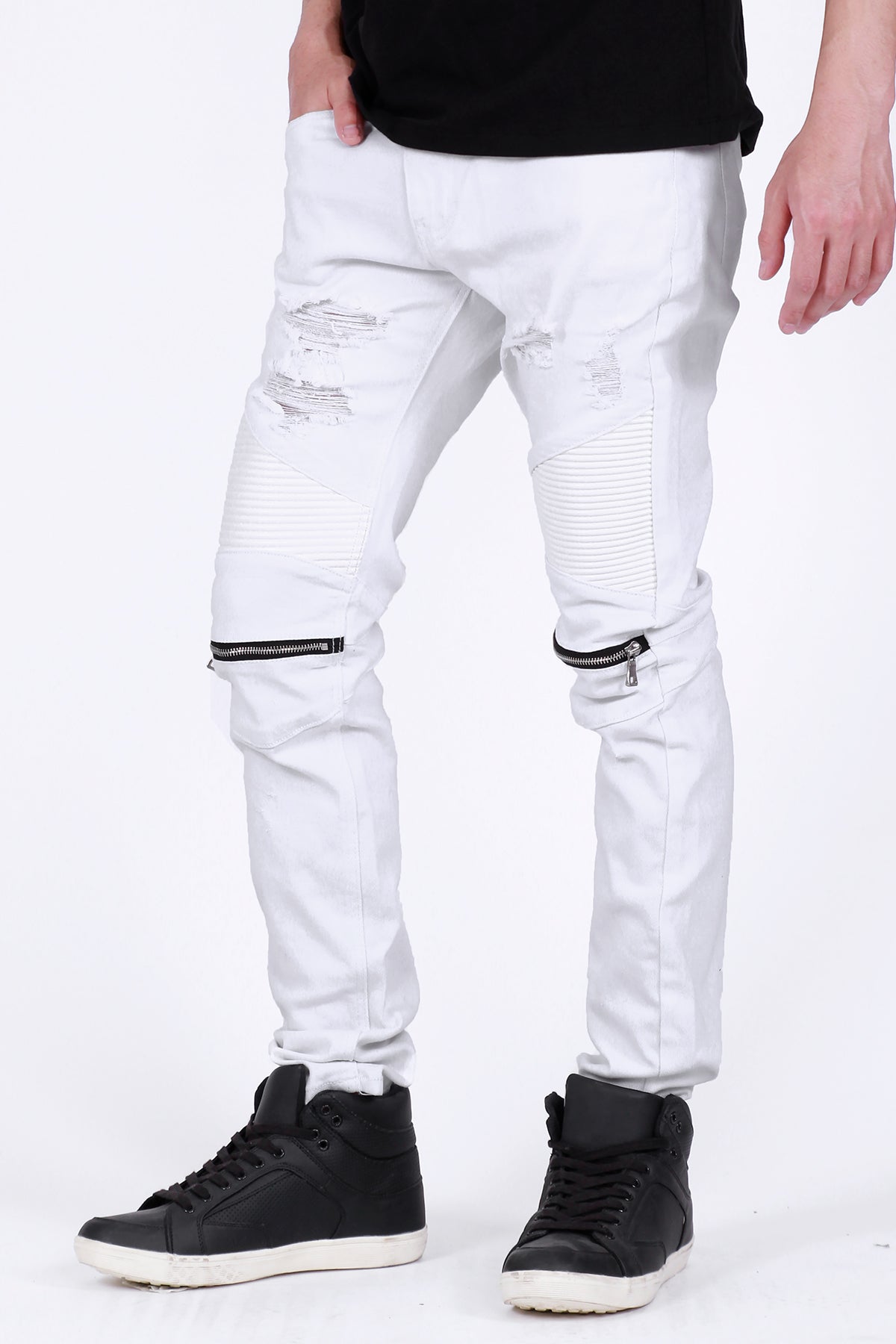 Knee Zippered Moto Pants (White) (4925380755558)