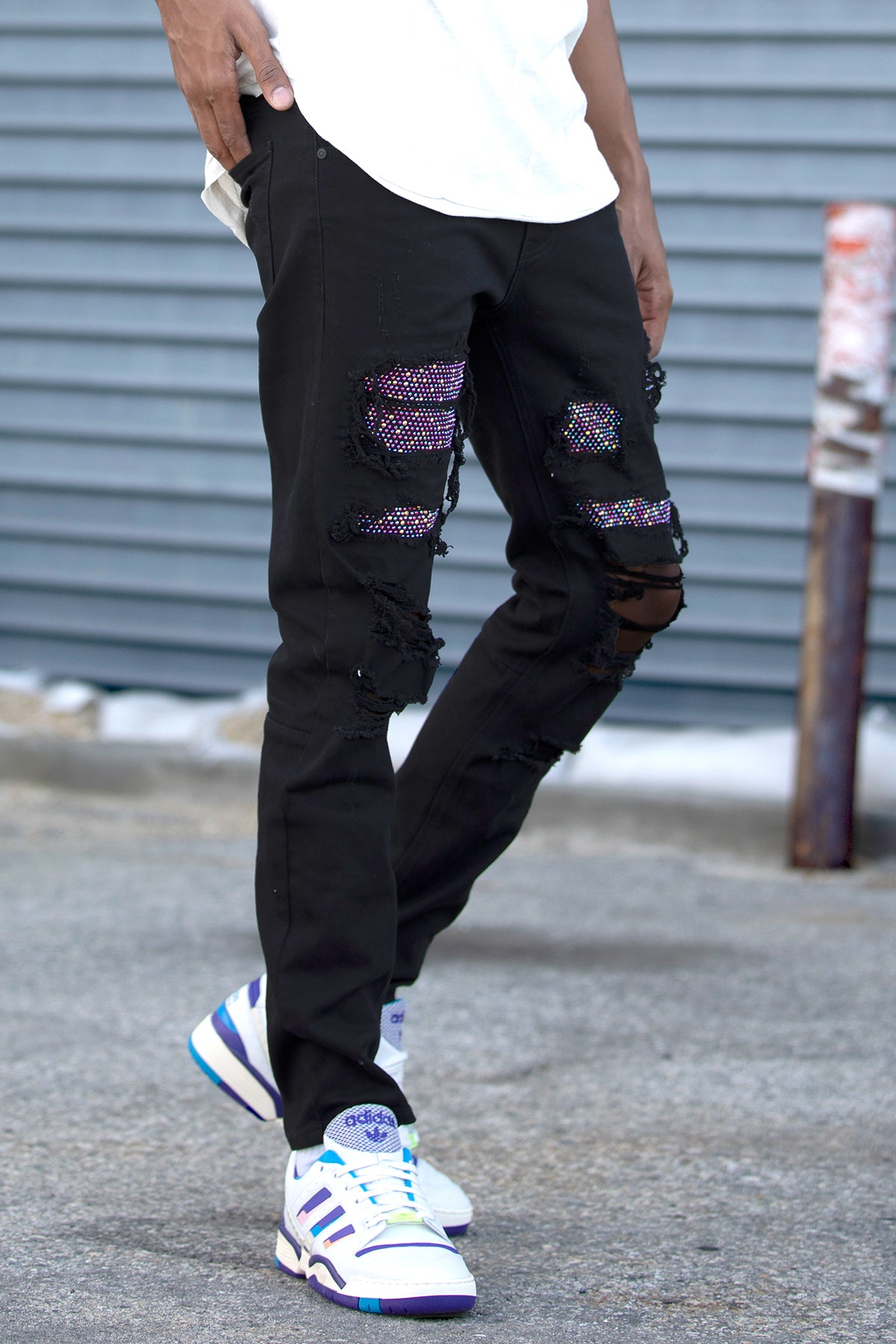 Multi Rhinestones Patched Twill Pants (Black/Prism) (4969643311206)