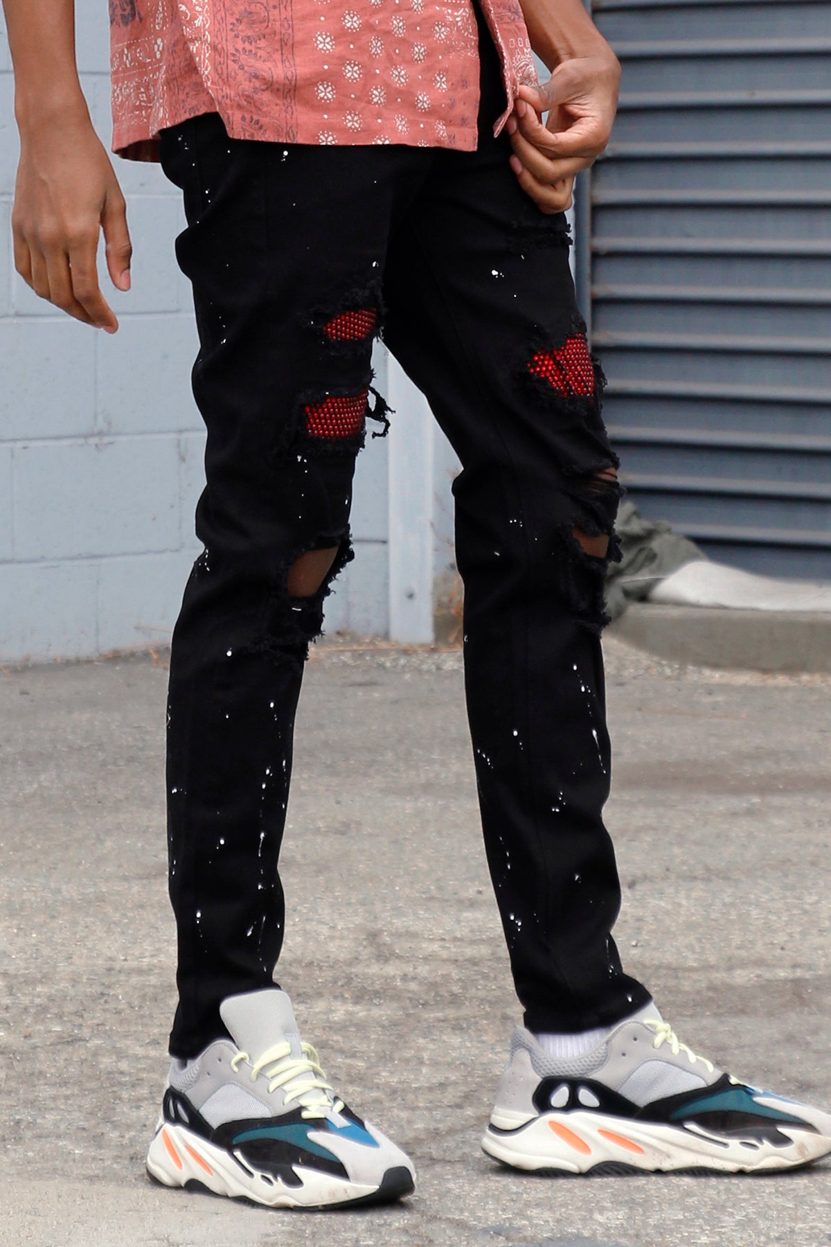 Red Rhinestones Patched Twill Pants (Black) (6544658956390)
