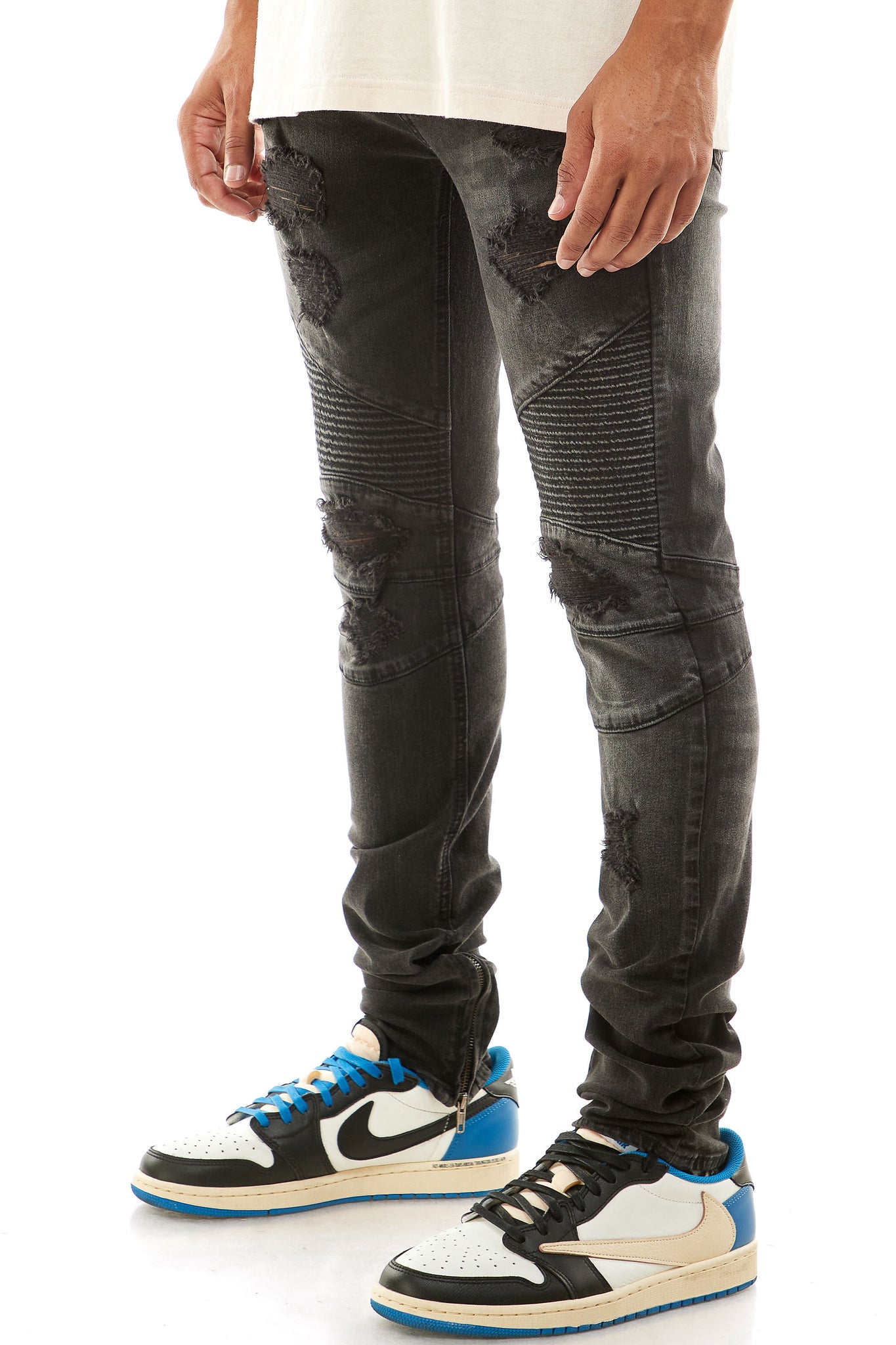 DESTROYED MOTO ANKLE ZIP JEANS