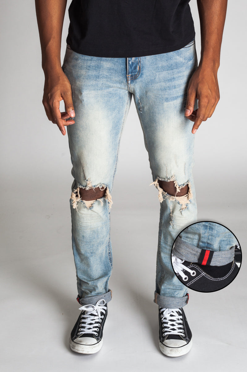 Inner Tape Destroyed Knee Slim Jeans (Medium Vintage Blue) (1636316708966)