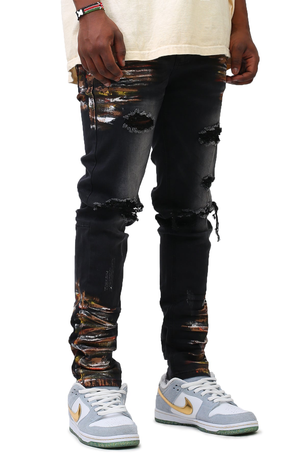 Ripped Jeans with Multi-Paint Splatter (Black) (6547342262374)