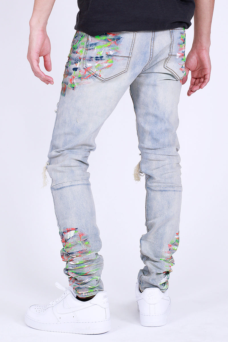 Ripped Jeans with Multi-Paint Splatter (Light Blue) (4940693864550)