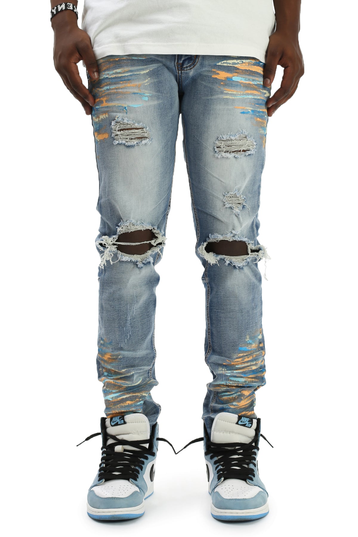 Ripped Jeans with Multi-Paint Splatter (Blue) (4193142538342)