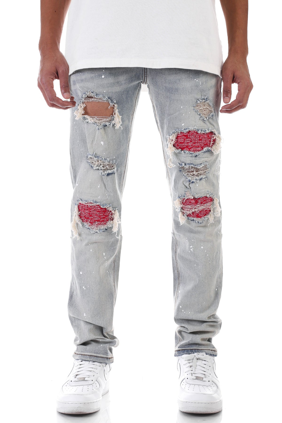 PINTUCK-RED PAISLEY PRINT PATCHED JEANS