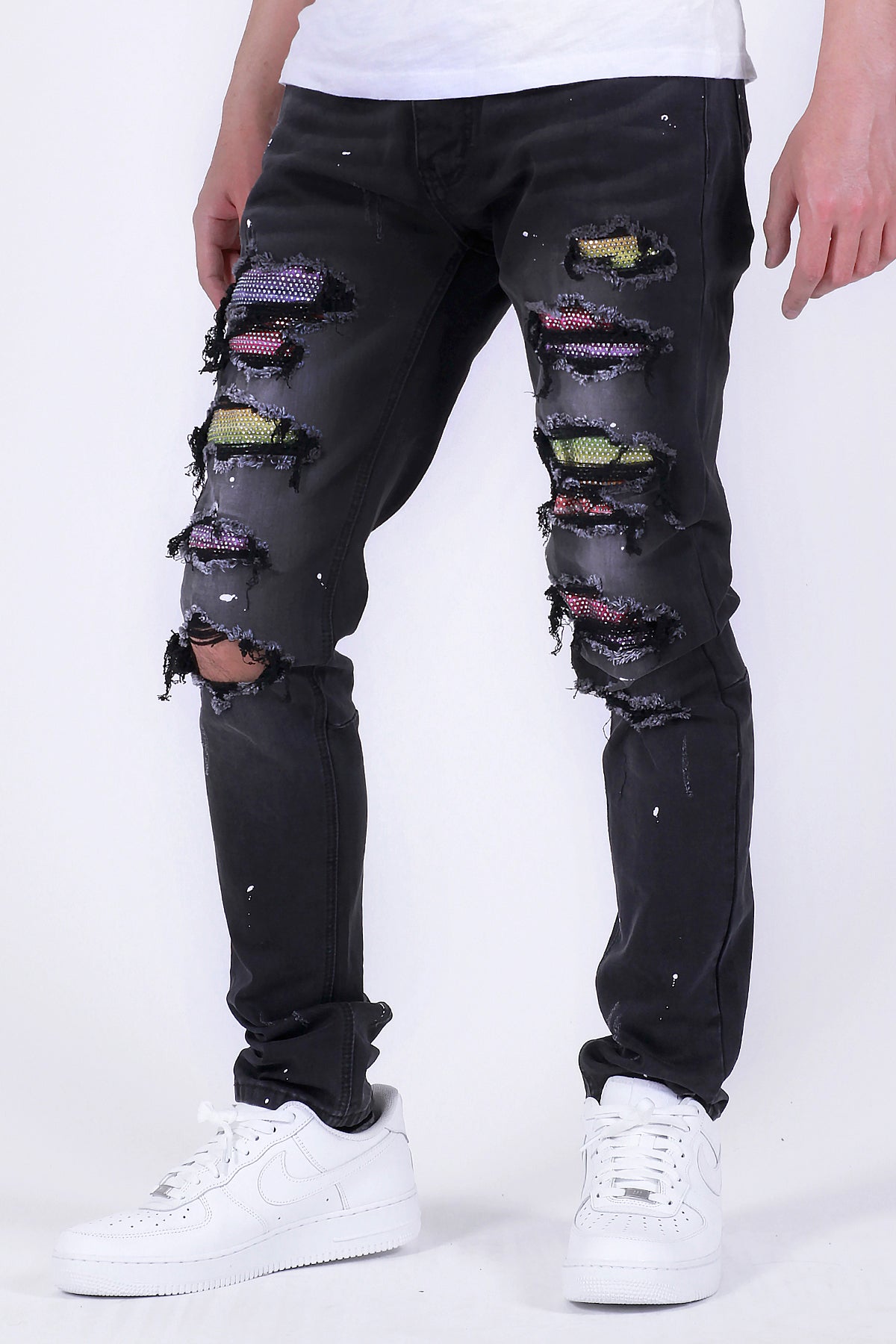 Multi-Color Rhinestones Patched Jeans (Black) (4908175327334)