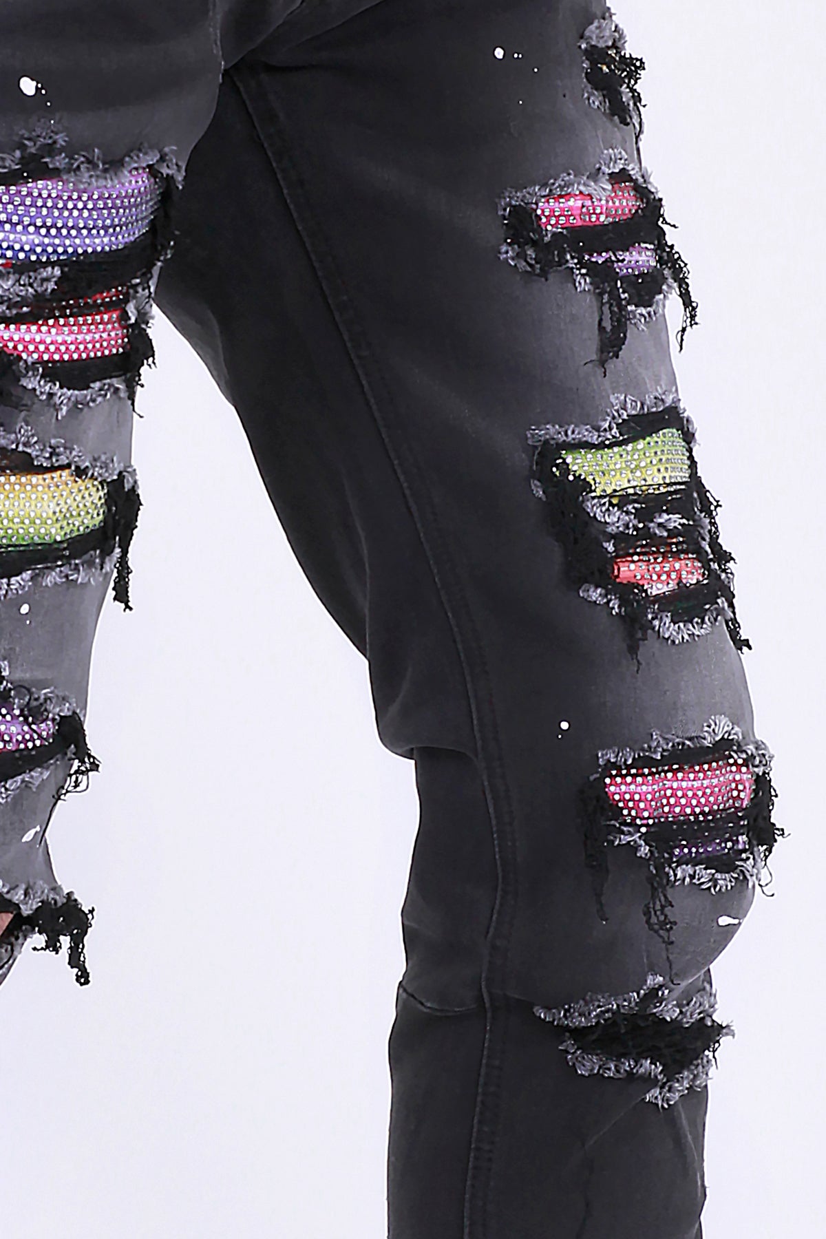 Multi-Color Rhinestones Patched Jeans (Black) (4908175327334)