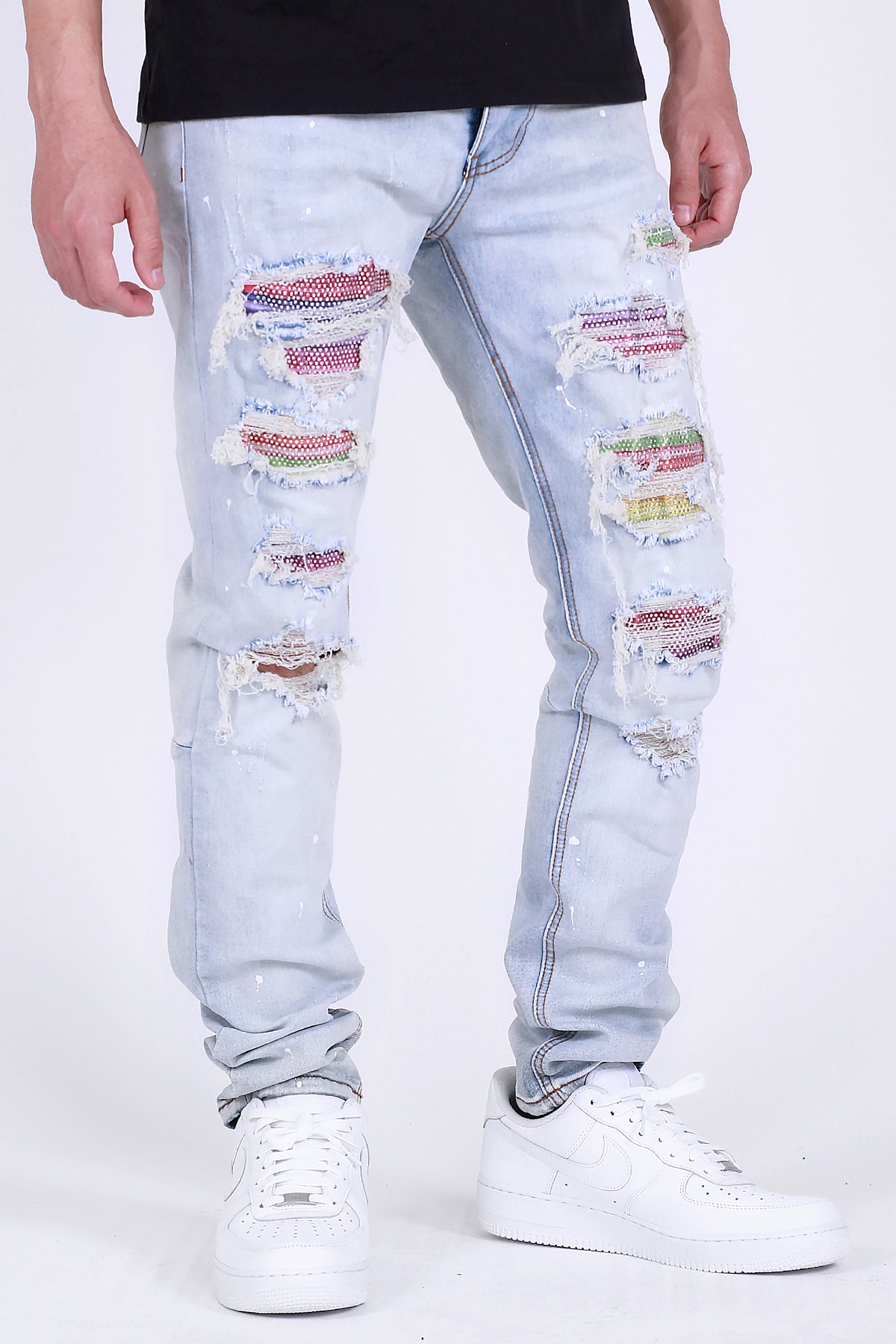 Multi-Color Rhinestones Patched Jeans (Blue) (4908176703590)