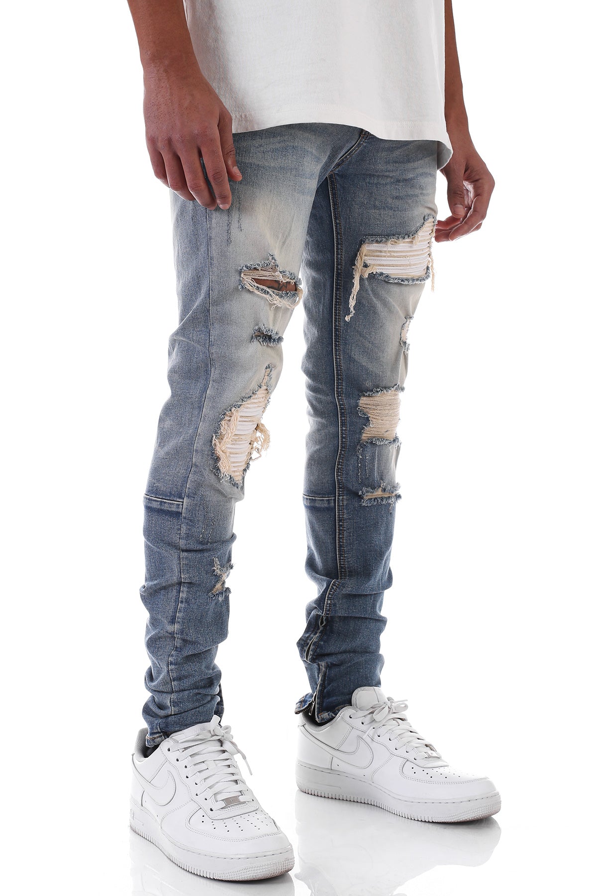 Blue ankle zip denim jean with white biker underpatch