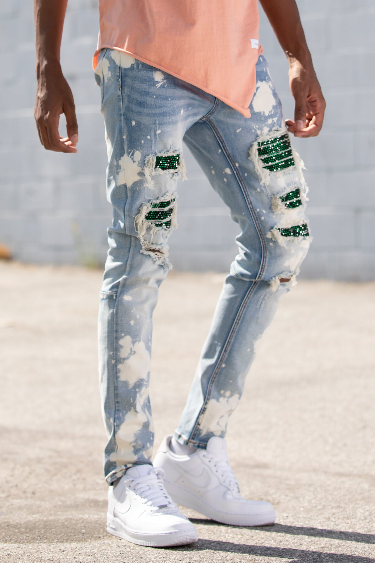 Bleached Multi Rhinestones Patched Jeans (Blue) (4992800260198)
