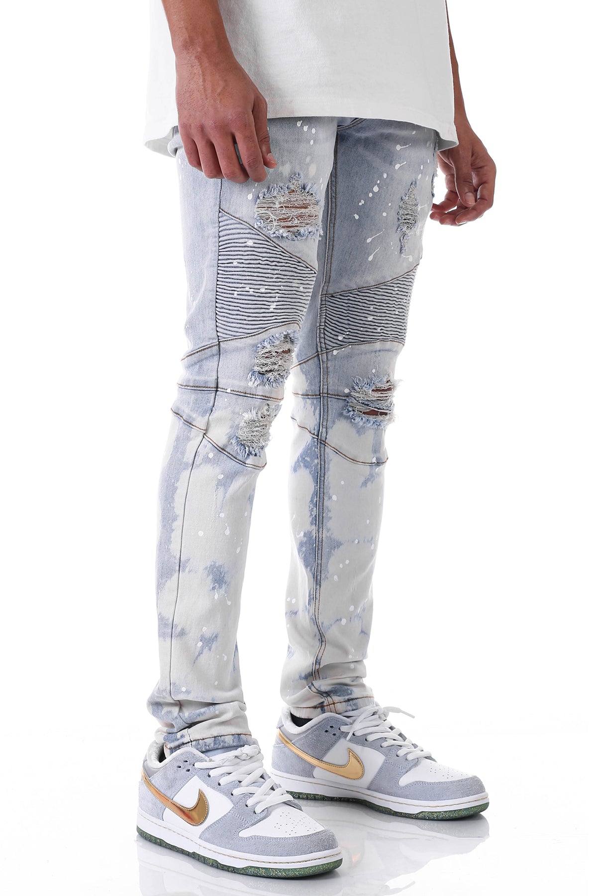 Paint Splatter Bleached Moto Jeans (Blue) (5009753669734)