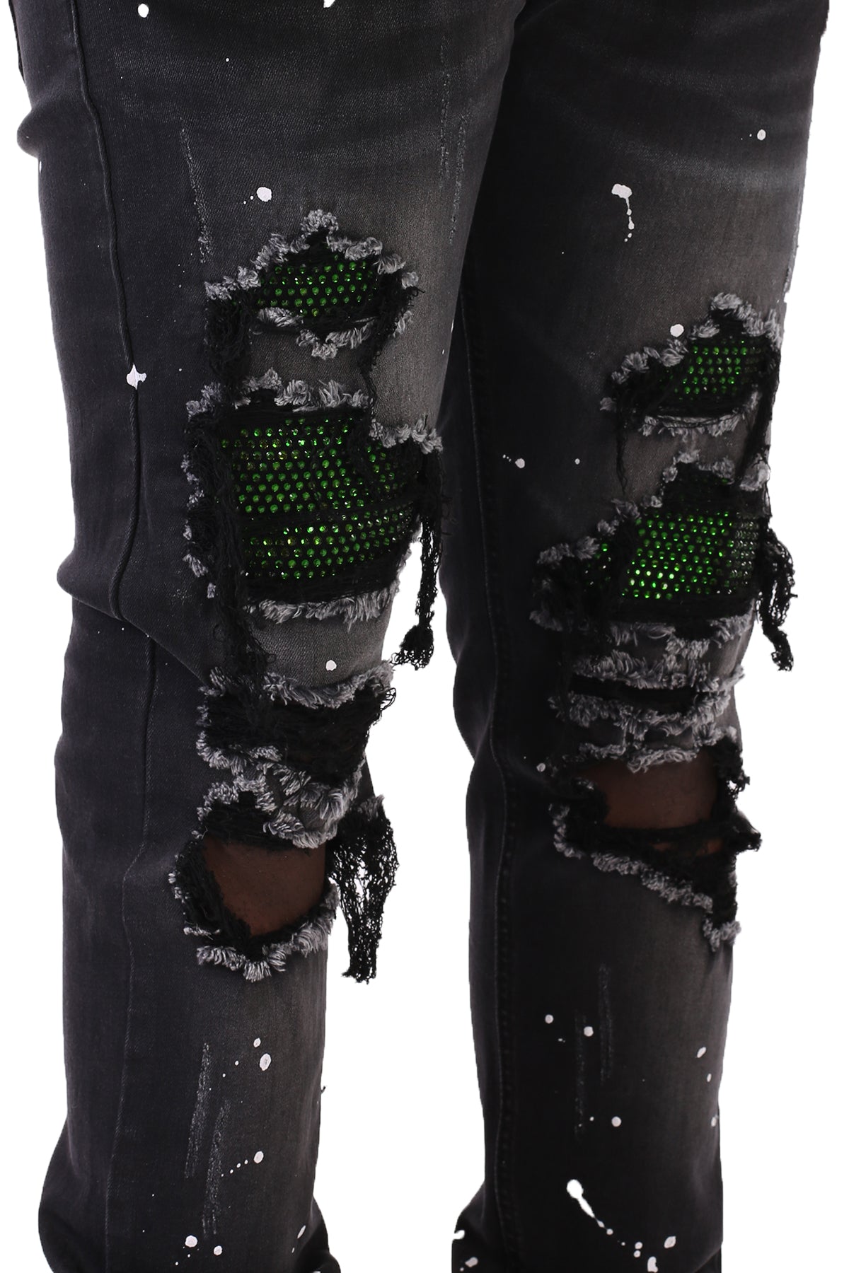 Green Rhinestones Patched Jeans (Black) (6562301182054)