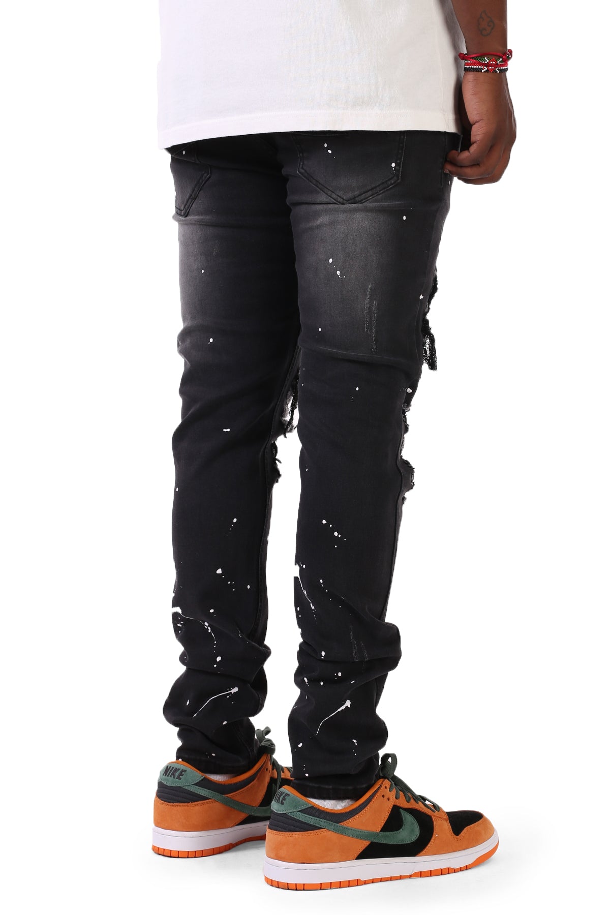 Green Rhinestones Patched Jeans (Black) (6562301182054)