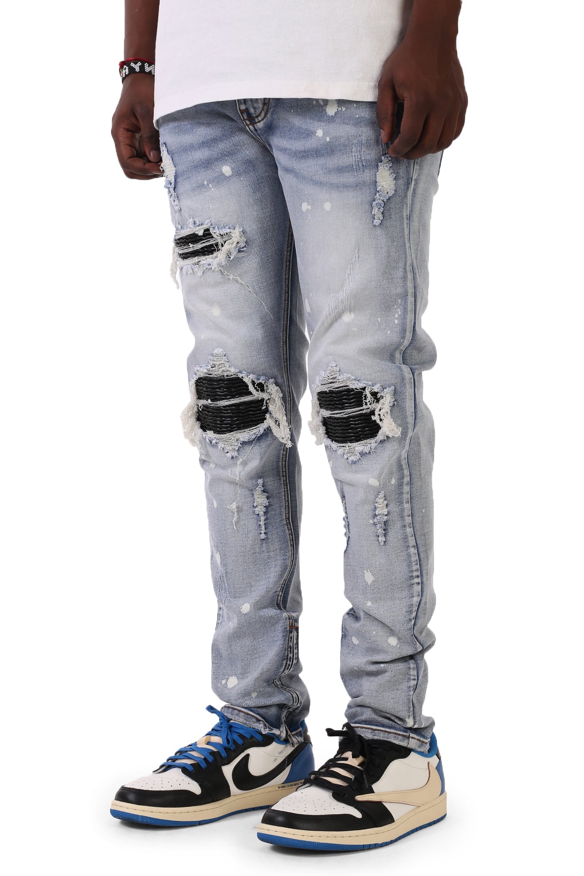 Smocked PU Ankle Zip Jeans (Blue) (6562305736806)