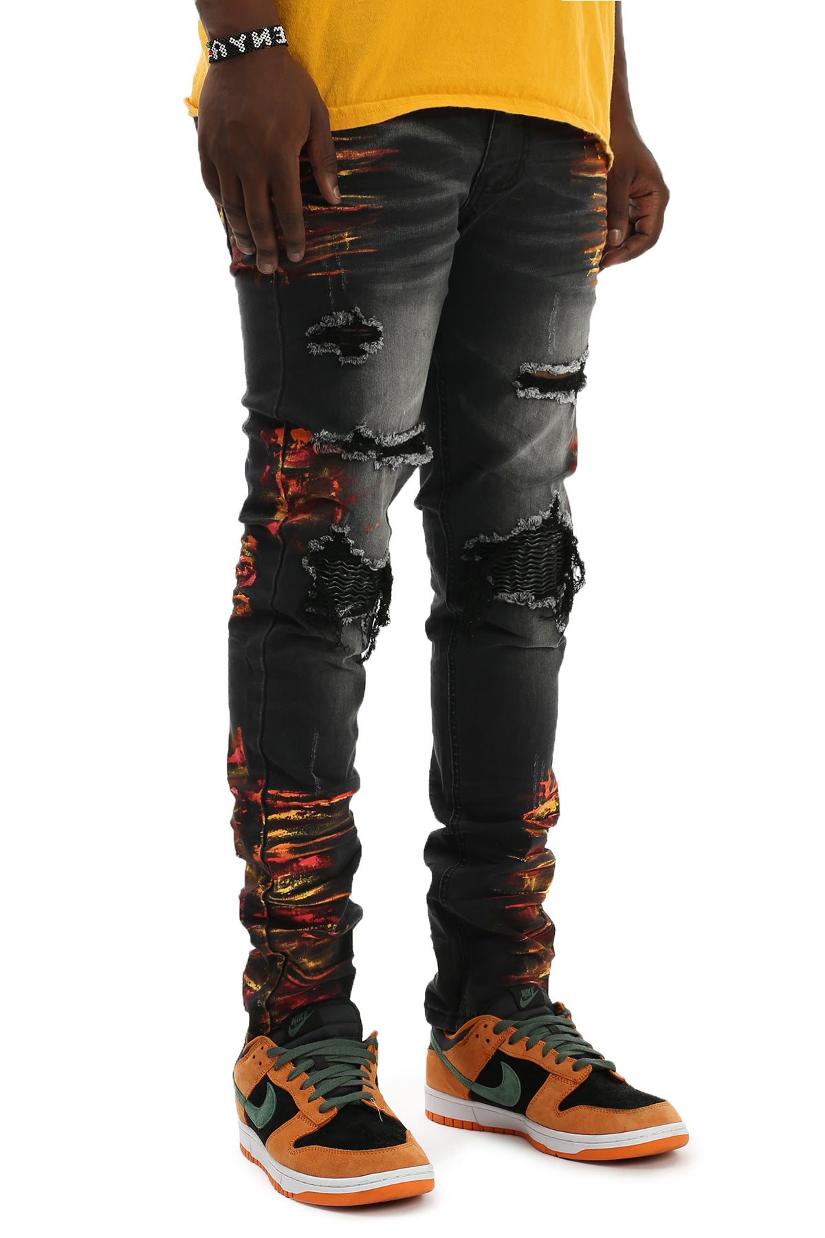 Smocked PU Jeans With Multi-Paint Splatter (Black) (6554993688678)