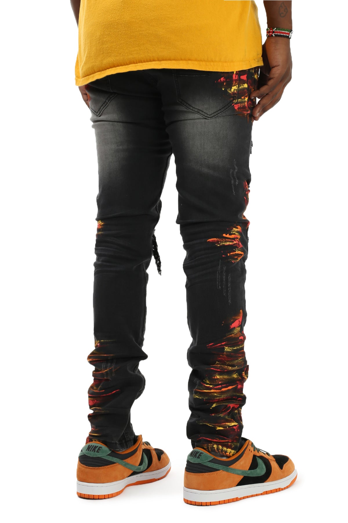 Smocked PU Jeans With Multi-Paint Splatter (Black) (6554993688678)