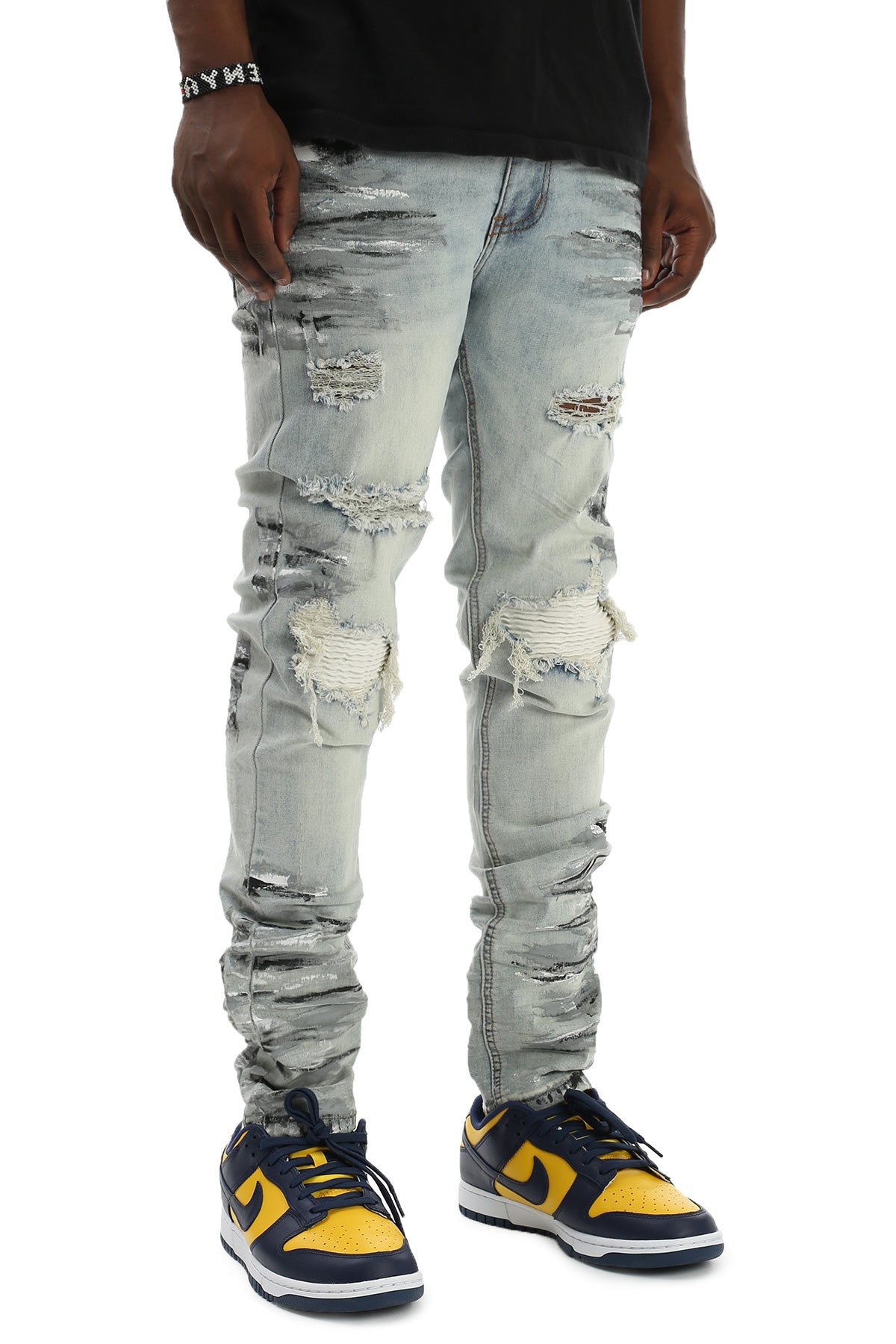 Smocked PU Jeans With Multi-Paint Splatter (Blue) (6555960934502)